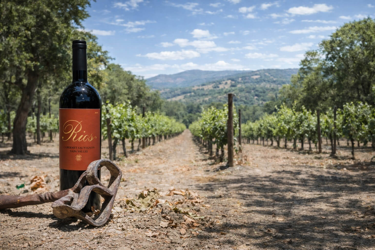 rios bottle of wine on the vineyard